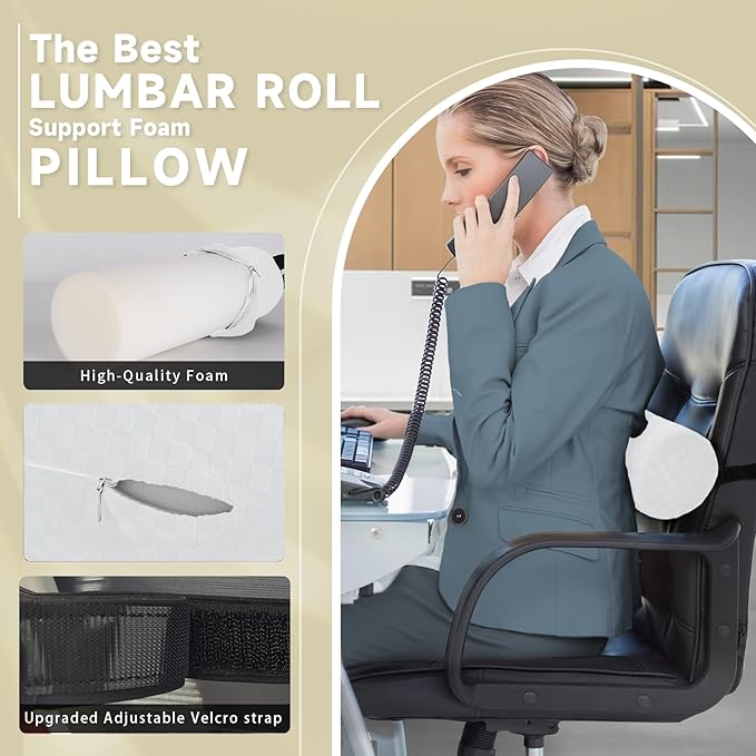 Lumbar Roll Pillow for Lower Back, Lumbar Support Foam Roll Cushion with Pillowcase and Upgraded Strap for Office, Chair, Car, Seat Pain Relief & Improving Posture (White, Short-11 * 4.3'')