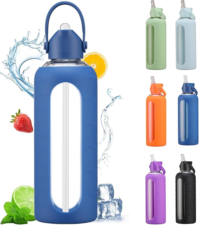 20 oz Glass Water Bottles with Straw Borosilicate Glass Water Bottle with Time Marker Motivational Water Bottles with Silicone Sleeve Leak Proof Reusable BPA Free