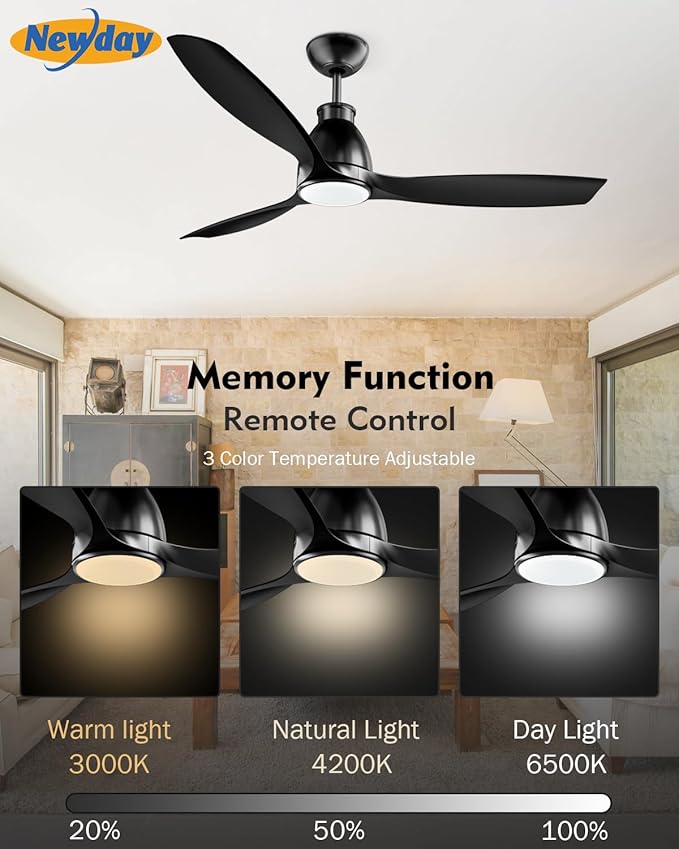 Newday 52 inch Ceiling Fans with Lights - Black Ceiling Fan with Light and Remote, 3 Blades 3 Colors Dimmable LED, 6 Speeds Reversible Quiet DC Motor Ceiling Fan For Living Room Bedroom Indoor Outdoor