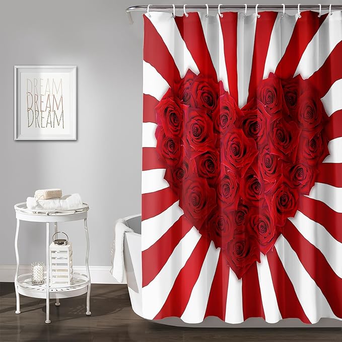 AILONEN Red Rose Hearts Print Shower Curtain for Bathroom, Romantic Flower Red and White Stripe Bathroom Decor 72" W*96" H Bath Curtain Polyester Waterproof Shower Curtain with 12 Hooks