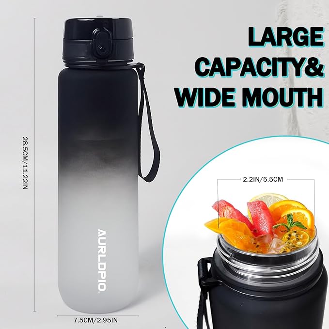 32oz/1L Water Bottle, Sports Water Bottle with Times to Drink & Lock Cover+Strainer,BPA-Free, Leakage Proof, Sports Drink Bottle for Bicycle, Outdoor, Gym, School, Reusable Daily(Black-Gray)