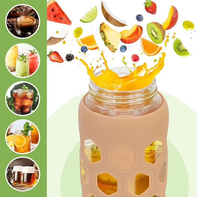 32oz Glass Water Bottles with 2 Lids-Bamboo Straw Lid & Spout Cap,Motivational Water Tumbler with Silicone Sleeve with Time Marker,Leakproof