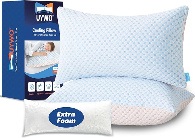 Cooling Pillows Standard Size Set of 2, Shredded Memory Foam Pillow Adjustable Bed Pillows Firm Pillow with Removable Washable Cover and Extra Filling Pack