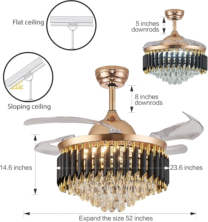 52" Gold Chandelier Ceiling Fans with Lights Crystal Ceiling Fan Chandelier Ceiling Fan with Lights Retractable Blade Fandelier Bladeless Ceiling Fans for Dinning Room Living Room Kitchen Foyer