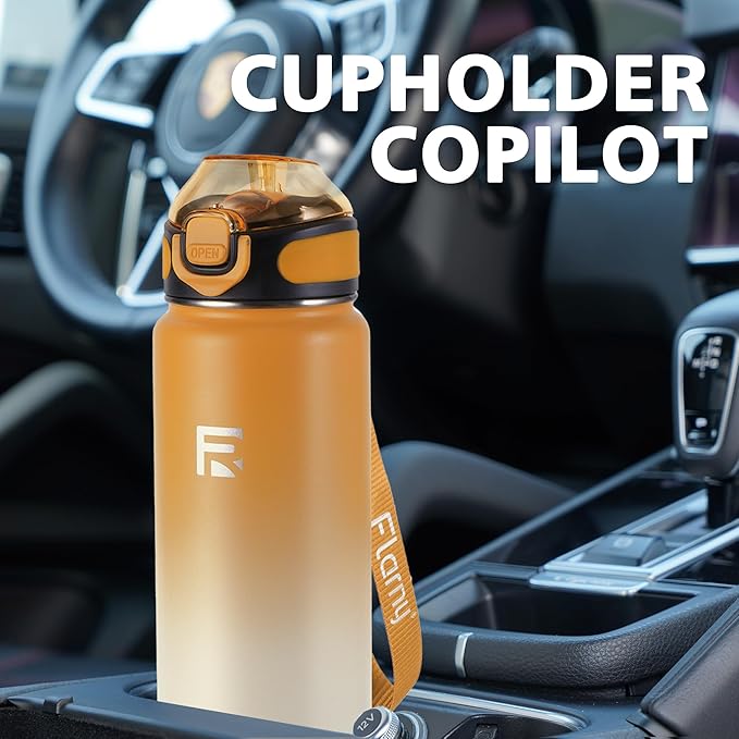 32 oz Insulated Water Bottle with Straw, Stainless Steel Metal Thermos Bottles, Durable Non-Slip Gradient Bottle with Strap for Sports and Travel, Leak Proof (Yellow White)