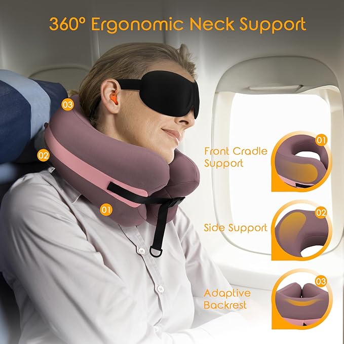Travel Neck Pillow Premium Memory Foam, Head Chin Support, Adjustable Length for Comfort. Airplane Travel Kit with Contoured Eye Mask, 3-Layer Earplug and Travel Bag (Mulberry Purple)
