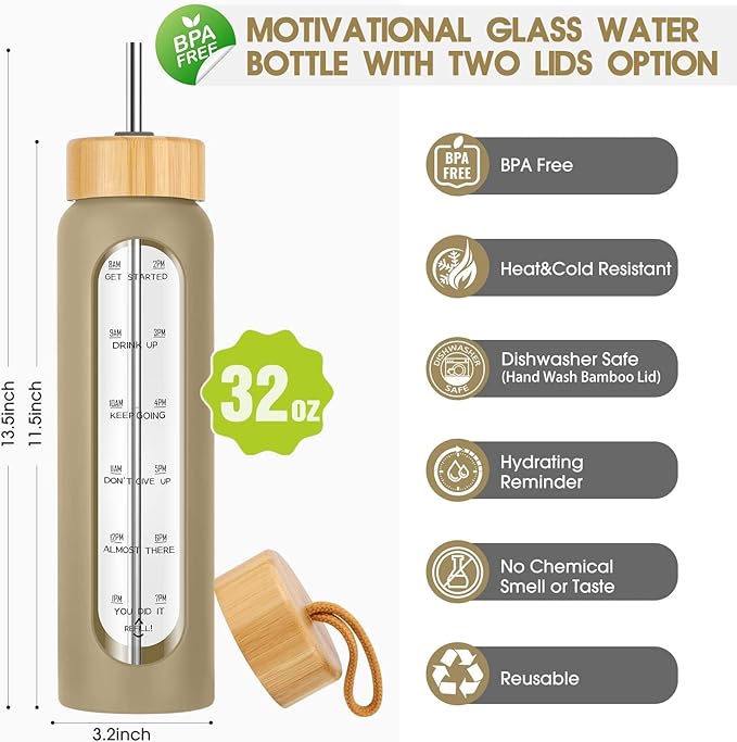 32 oz Glass Water Bottles with Straw - Motivational Glass Water Bottle with Time Marker & Silicone Sleeve - Reusable Glass Tumbler Includes 2 Bamboo Lids & Fruit Infuser - 1 Pack