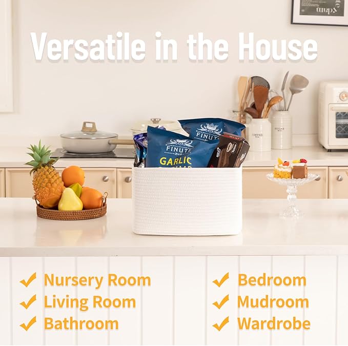 4 Pack Storage Baskets for Organizing Toys, Towels, and Clothes, Woven Basket for Shelves, Sturdy Nursery Cube Bins for Storage, 13''L x9''W x7.8''H, White