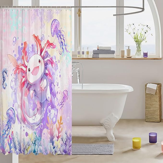 Feelyou Boys Girls Cute Axolotl Bathroom Shower Curtain Set Ocean Sealife Bath Curtain for Cartoon Salamander Shower Curtain Kids Kawaii Teens Bathroom Accessories Room Decor 72"x84"