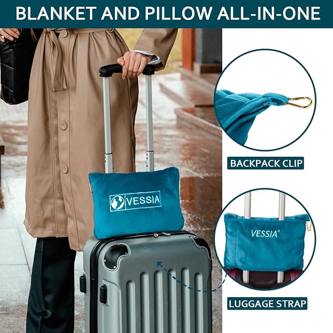 Vessia Travel Blanket for Airplane, Train and Car, Warm and Soft Travel Blanket in Bag for Adults and Kids, Portable Compact Long Flight Blanket with Luggage Sleeve, Backpack Clip(Lake Blue)