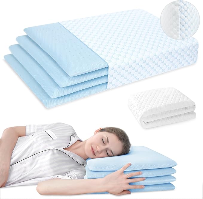 Cervical Neck Thin Pillow Flat Firm Memory Foam Adjustable Pillows from 1.3 to 5.2inch for Stomach Side Back Sleeper with 2 Pillowcases (Blue-White+Basics)