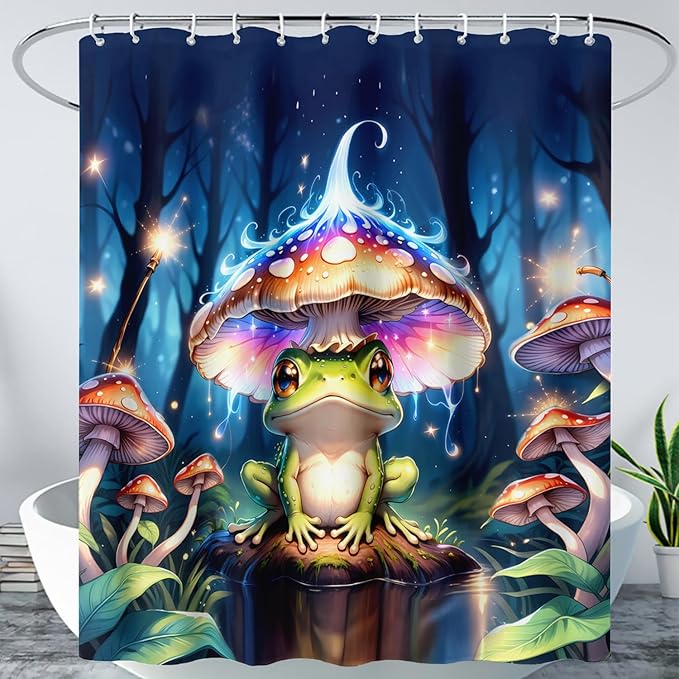 AILONEN Cartoon Frog Shower Curtain,Magic Mushroom Waterproof Fabric Bath Curtain for Kids Girls,Boho Style Tropical Amphibian Shower Curtain Set for Bathroom, 48" W*72" H