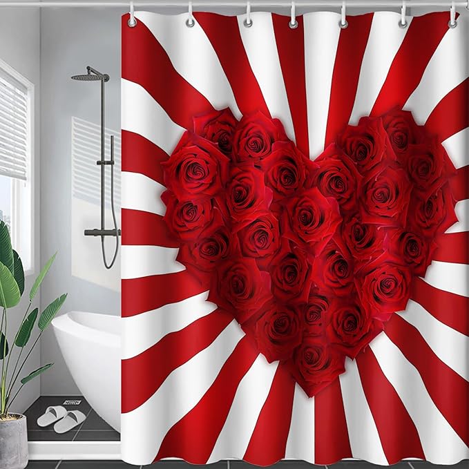 AILONEN Red Rose Hearts Print Shower Curtain for Bathroom, Romantic Flower Red and White Stripe Bathroom Decor 72" W*72" H Bath Curtain Polyester Waterproof Shower Curtain with 12 Hooks