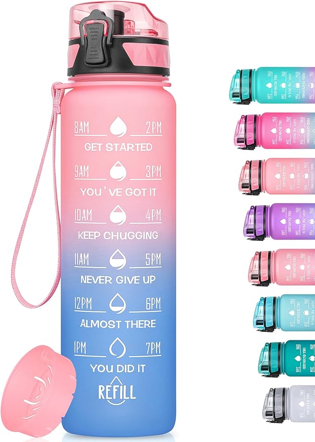 32oz/26oz Motivational Water Bottle with Time Marker & Fruit Strainer, Leak-proof BPA Free Non-Toxic 1l Bottle with Carrying Strap, Perfect for Fitness, Gym and Outdoor Sports, Plastic