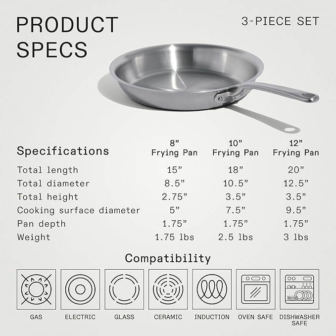 Made In Cookware - 3-Piece (Includes 8",10",12") Stainless Frying Pan Set - 5 Ply Stainless Clad - Professional Cookware - Crafted in Italy - Induction Compatible