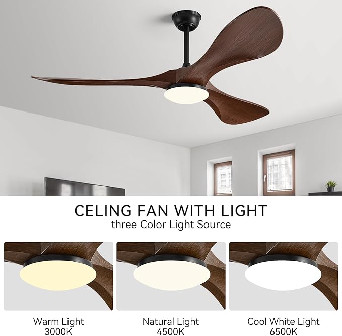 Ceiling Fan with Light and Remote,52 Inch Outdoor Ceiling Fan with 3 Blades for Patios,Modern Ceiling Fan Noiseless Reversible DC Motor 6 Speeds with 3 Color Temperature and Timer for Farmhouse
