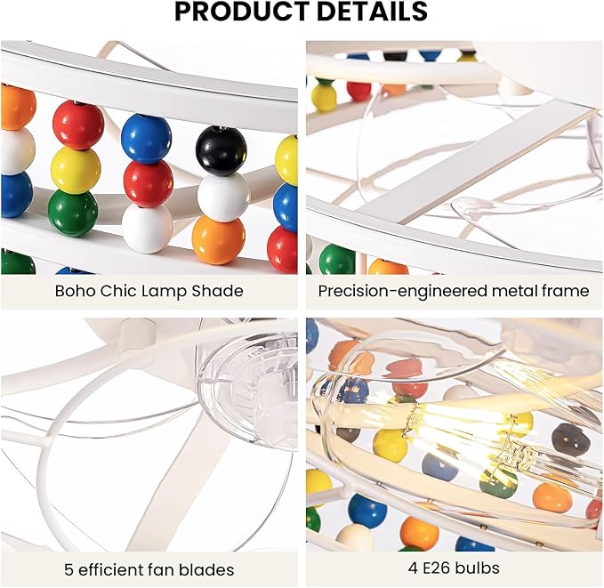 Moooni Colorful Wood Beaded Ceiling Fan with Light 19 inch Boho Wood Beaded Fandelier 6 Speed Flush Mount Ceiling Fan with Light Boho Fandelier