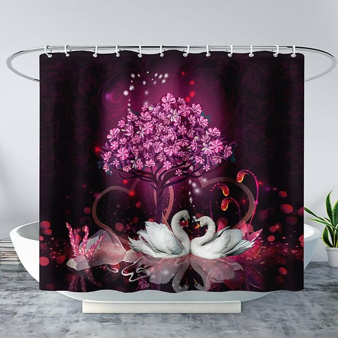 AILONEN Romantic Love Theme Shower Curtain for Girls Pink Love Tree Floral Valentine Bathroom Decor,Swan Couple Lover Bath Curtain 72" W*96" H Polyester Waterproof Bathroom Curtain with Hooks
