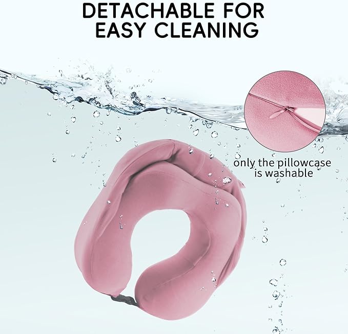 Travel Pillow with Hood for Airplane, 100% Pure Memory Foam Hooded Neck Pillow for Traveling, Car, Office, Soft, Machine Washable, Easy Storage, Pink