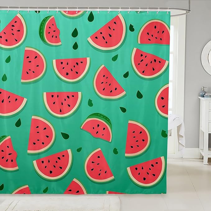 Feelyou Watermelon Shower Curtain Cartoon Watermelon Fabric Shower Curtain for Kids Boys Girls Fruit Bathroom Waterproof Accessories with 12 Hooks Red Green Curtains,72x84 Inches