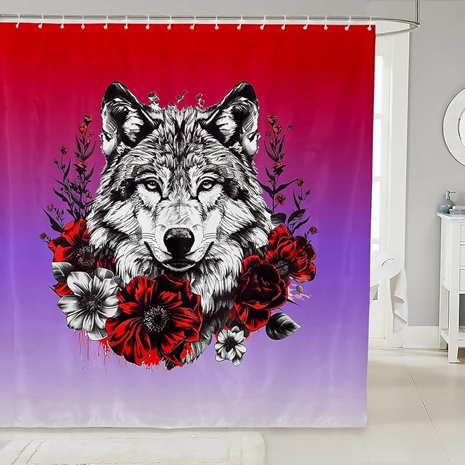 Feelyou Rose Wolf Bath Curtain Wolf Shower Curtain for Boys Girls Wolves Howling Bathroom Shower Curtain Set Wolf Life Kids Bathroom Accessories Animal Wolves 72"x84"
