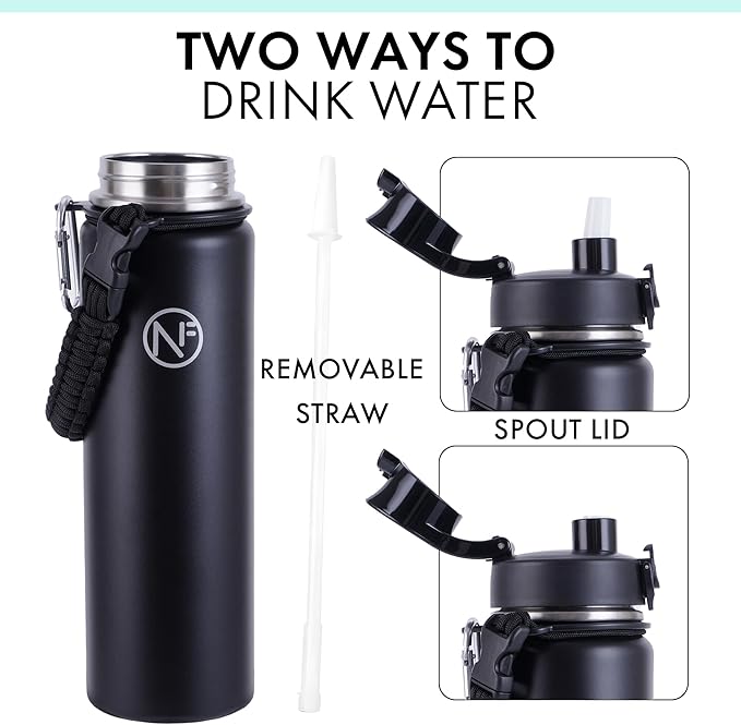 32 oz Insulated Water Bottle With Detachable Straw & Paracord Handle, Stainless Steel Thermos Water Bottle with Leakproof Lockable Lid, BPA-Free Sports Bottle (Black)