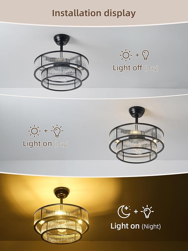 20" Black Crystal fandelier Ceiling Fan with Lights,Black Caged Chandelier Ceiling Fan with Light Remote Control,Enclosed Mid Century with 6 Speeds for Bedroom,Living Room,Nursery