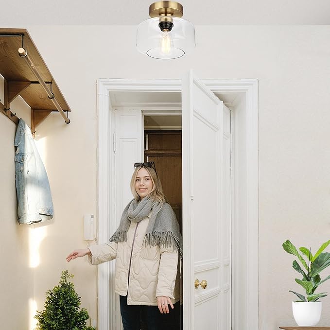 Industrial Semi Flush Mount Ceiling Light Brass, 800 Lumen LED Bulb Included, Clear Glass Shade Ceiling Light Fixture, Light Fixture for Hallway Bathroom Bedroom, Vintage Hanging Light Fixtures