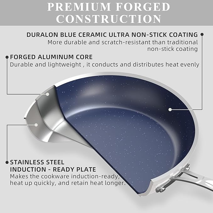 Nuwave Healthy Duralon Blue Ceramic Nonstick Cookware Set, Diamond Infused Scratch-Resistant, PFAS Free, Dishwasher & Oven Safe, Induction Ready & Evenly Heats, Tempered Glass Lids & Stay-Cool Handles