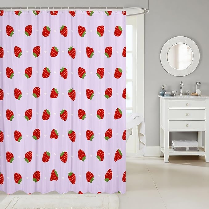 Feelyou Strawberry Fabric Shower Curtain Kawaii Fruit Shower Curtain for Kids Boys Girls Cute Bathroom Waterproof Accessories with 12 Hooks Kawaii Lovely Curtains,72x84 Inches