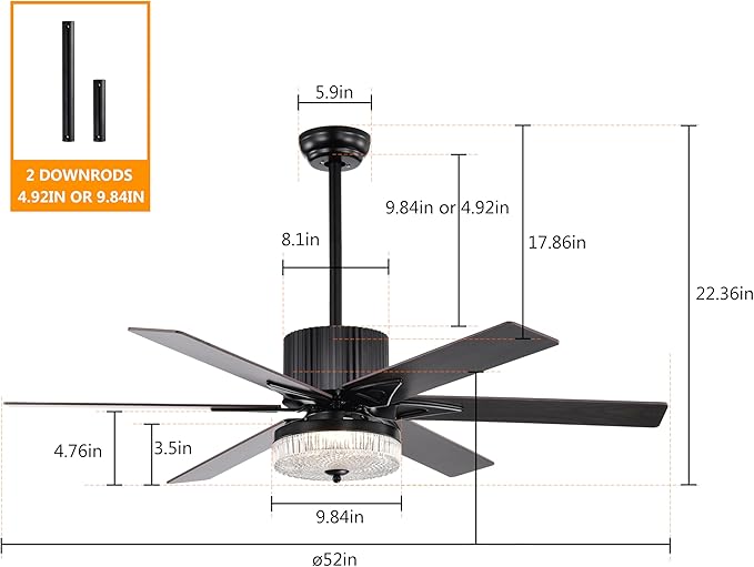 NicBex Ceiling Fan 52 Inch Stylish Design Ceiling Fan with Lights Ceiling Fans with 6 Blades and Remote Control Reversible Ceiling Fan for Bedroom, Living Room, Matte Black