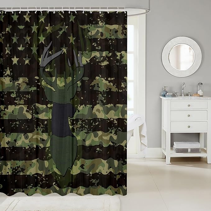 Feelyou Deer Bath Curtain Cute Deer Shower Curtain American Flag Bathroom Shower Curtain Set for Kids Toddler Boys Girls Deer Hunting Kids Bathroom Accessories 72"x78"