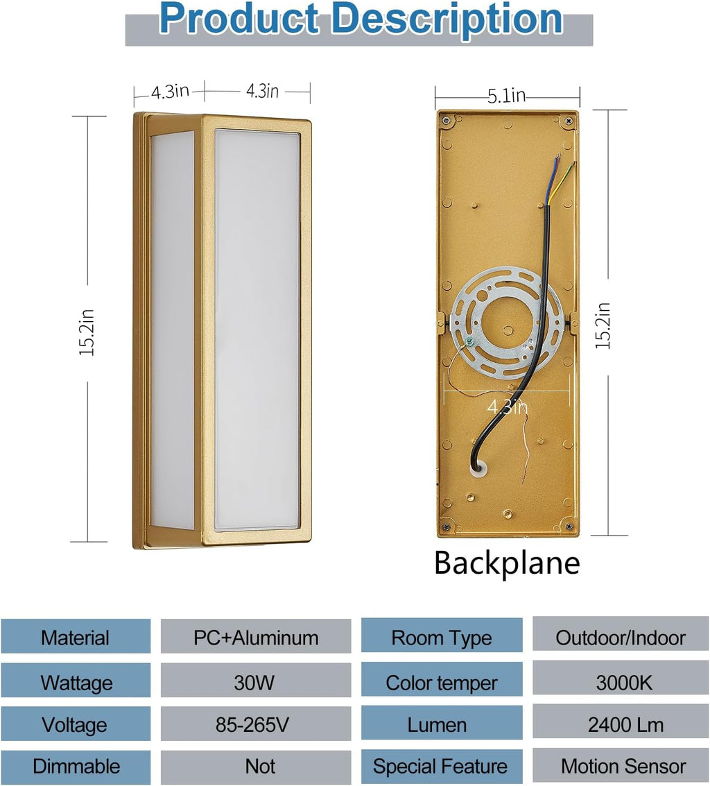 2-Pack Outdoor Wall Light LED 30W Aluminum - Gold Modern Exterior Sconce,3000K Warm,Waterproof Rectangular Porch Wall Mount Lighting Brightens to Patio,Garage,Front Door