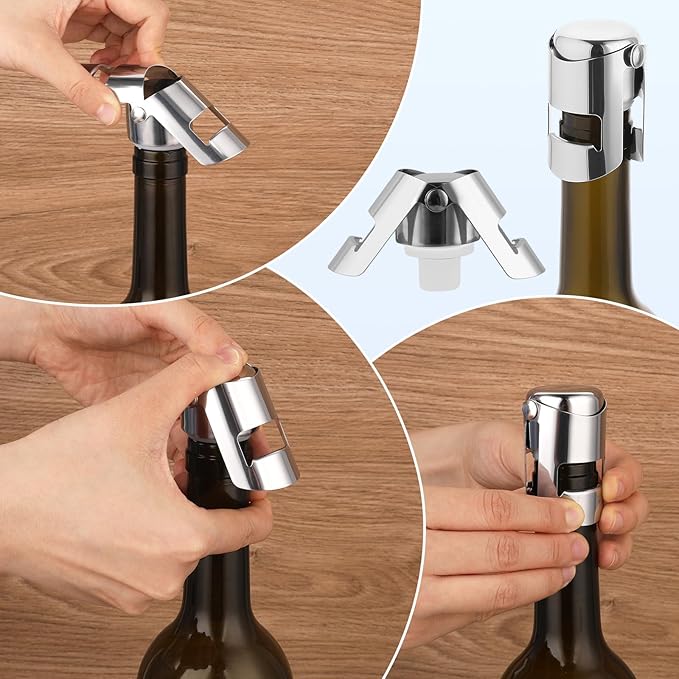 2Pcs Champagne Stoppers, Stainless Steel Wine Stopper, Food Grade Silicone Sparkling Wine Bottle Stoppers for Storing Champagne and Sparkling Wine, Leak-Proof, Sealed, Reusable (Silver)