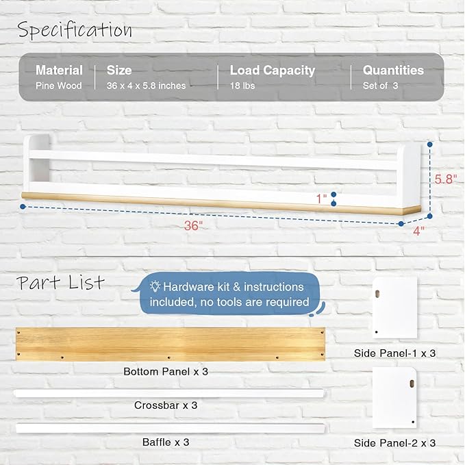 36 Inches Long Nursery Floating Shelves for Wall, Large Wall Book Shelves for Kids Room, White and Natural Haning Bookshelf for Toddlers Child Kids Bedroom Classroom Library (Set of 3)