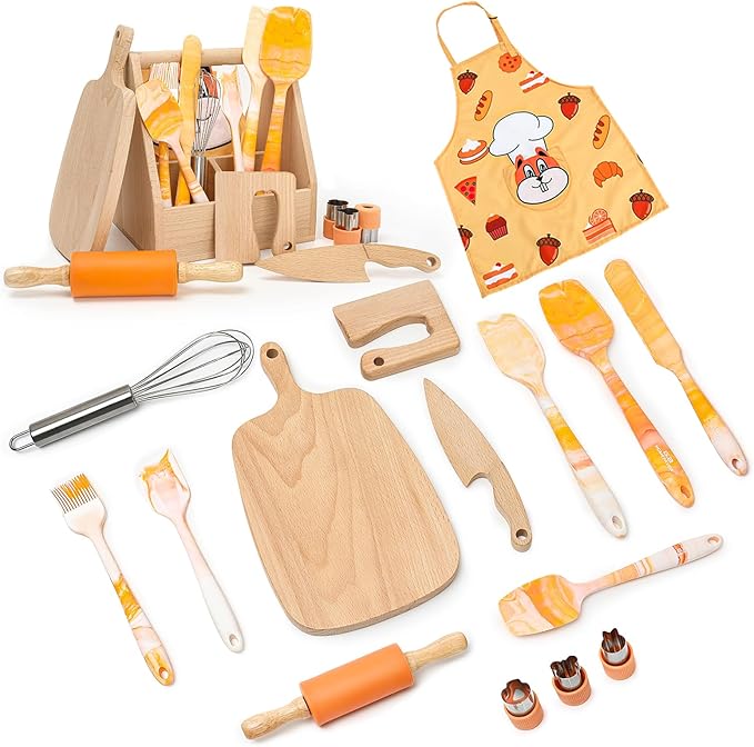 G.a HOMEFAVOR Kids Cooking & Baking Set: 16 Pcs Little Chef Cooking Utensils Kitchen Set with Gourmet Cooking Box, Foldable Chef Hat Apron, Gifts for Girls Boys Juniors(Orange)