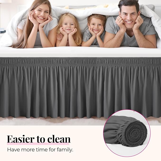 RIMELA Bed Skirting Queen Size Dark Grey Bed Skirt 18 Inch Drop, Wrap Around Elastic Adjustable Bedskirt, Dust Ruffle for Bed Frame & Box Spring Soft Durable Fabric Machine Washable Easy to Install