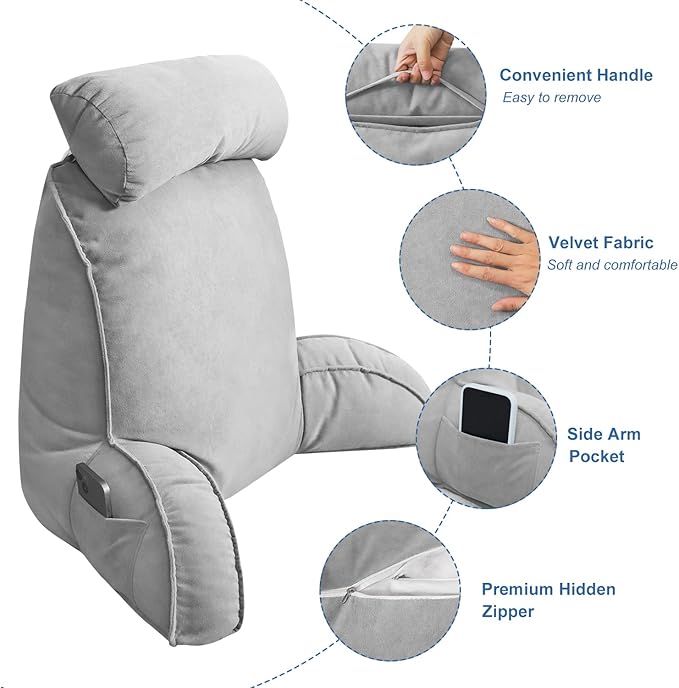 Reading Pillow for Bed Adult Size, Back Pillow for Sitting in Bed, Shredded Memory Foam Bed Chair Pillow with Arms, Pockets, Washable Cover (Light Grey, Large)