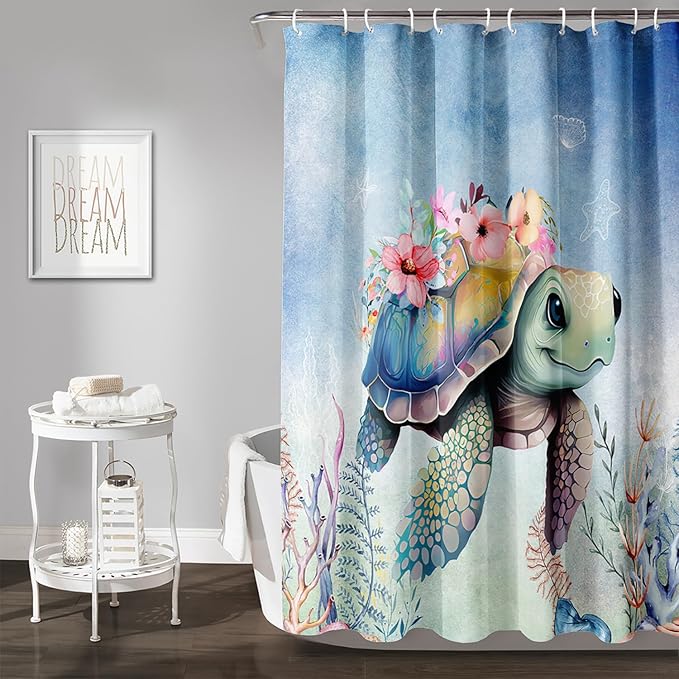 AILONEN Sea Turtle Shower Curtain,Kawaii Sea Turtle Bath Curtain Cloth Fabric Bathroom 36" W*72" H Inch,12 Pack Hooks for Kids,Ocean Animal Themed Bathroom Curtain