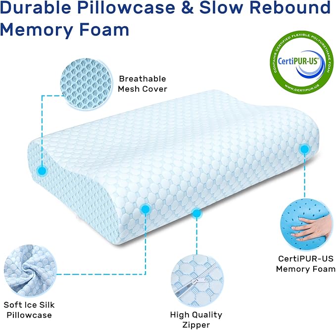 Cooling Pillow for Hot Sleepers Memory Foam Pillow Neck Contour Cervical Orthopedic Pillow for Sleeping Side Back Stomach Sleeper, Ergonomic Bed Pillow for Neck Pain-Blue White