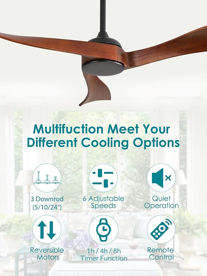 Sofucor 52" Ceiling Fan no Light, Outdoor Ceiling Fan Without Light Wood Ceiling Fan with Remote Control, 3 Blade Ceiling Fan with Quiet Energy Saving Motor, 6 Speeds, Brown Wood