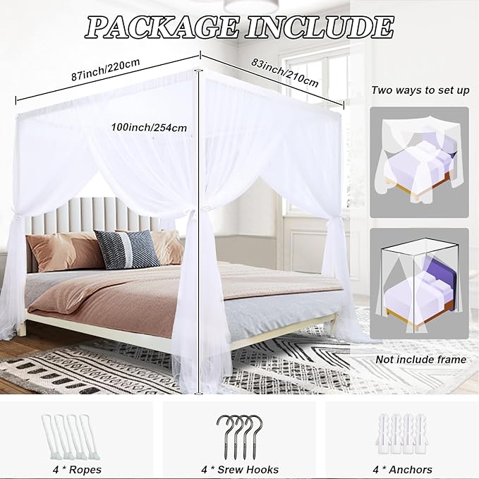 tupi Canopy Bed Curtains for King/Queen Size Bed, 4 Poster Bed Canopy, Elegant White Mosquito Net, 4 Corner Canopy Curtain with 4 Openings, Ultra Ripstop Polyester, Easy Installation