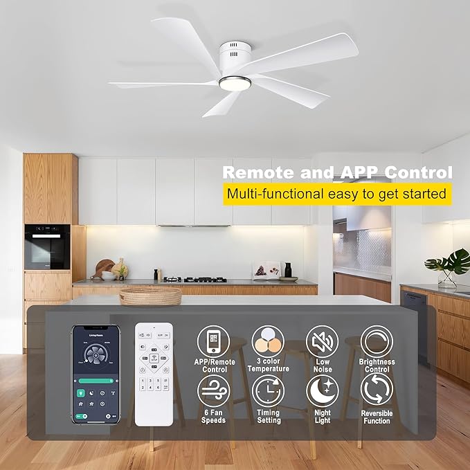 Ohniyou 52” Flush Mount Ceiling Fan with Lights, Remote & APP Control Low Profile Indoor Outdoor Ceiling Fans, Dimmable, Quiet DC Motor, Reversible, White