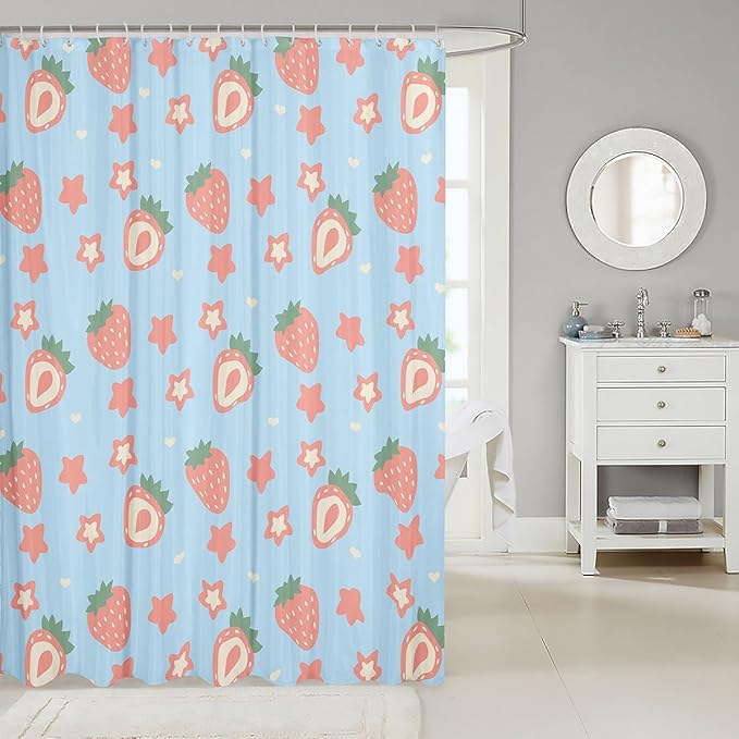 Feelyou Blue Strawberry Bathroom Waterproof Accessories with 12 Hooks Kawaii Fruit Shower Curtain for Kids Boys Girls Cute Stars Strawberry Fabric Shower Curtain Kawaii Lovely Curtains,72x78 Inches