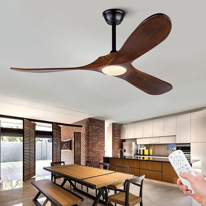 BOJUE 52 Inch Indoor Outdoor 3 Wooden Blades Remote Control with Light Modern Ceiling Fan for Terrace Living Room Bedroom (Deep Walnut Blades)