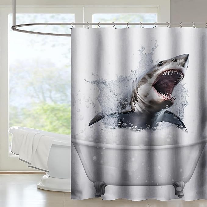 AILONEN 3D Bathtub Shark Shower Curtain for Kids 180 * 210 Inch,Fierce Shark in a Bathtub Shower Curtain,12 Pack Hooks Polyester Waterproof Fabric Decor for Bathroom Bathtub Panels