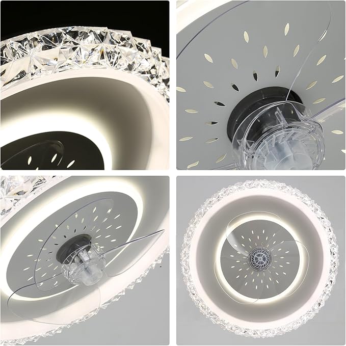 20" Ceiling Fans with Lights and Remote Control, Modern Crystal Flush Mount LED Ceiling Fan with 6 Wind Speeds, Dimmable and Reversible Fandelier for Bedroom Living Room
