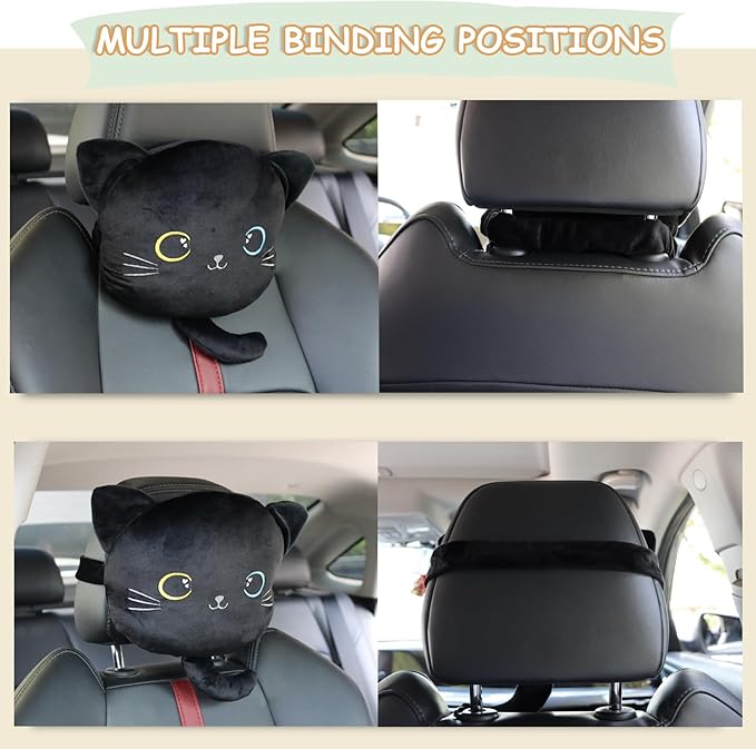 2 Pack Car Headrest Pillow, Cute Neck Pillow for Car Seat Comfortable Soft Head Neck Rest Cushion Seat Neck Support Cartoon Car Pillow for Driving, Travelling, Home Décor - Black Cat
