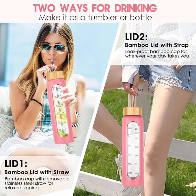 32 oz Glass Water Bottles with Straw - Motivational Glass Water Bottle with Time Marker & Silicone Sleeve - Reusable Glass Tumbler Includes 2 Bamboo Lids & Fruit Infuser - 1 Pack