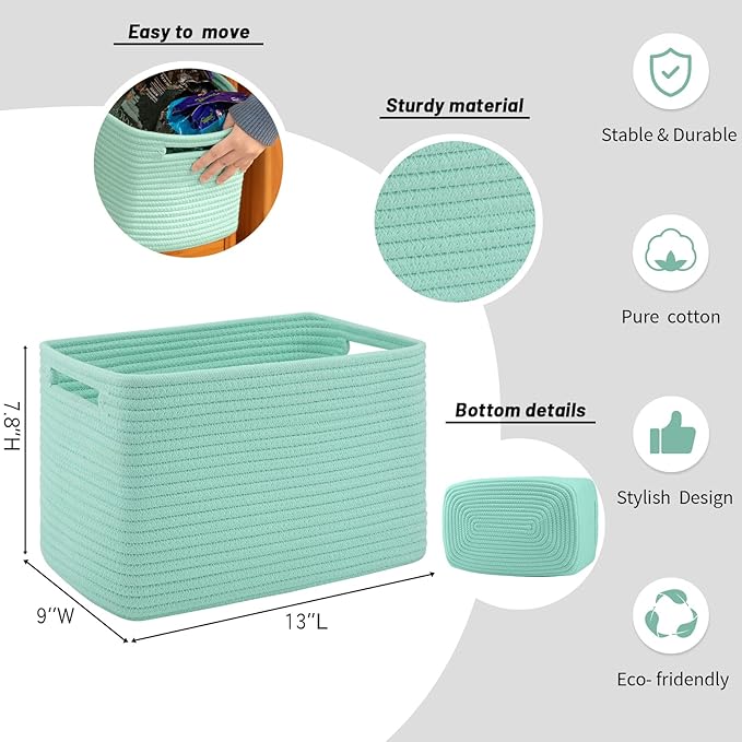 4 Pack Storage Baskets for Organizing Toys, Towels, and Clothes, Woven Basket for Shelves, Durable Nursery Cube Bins for Storage, 13''L x9''W x7.8''H, Green